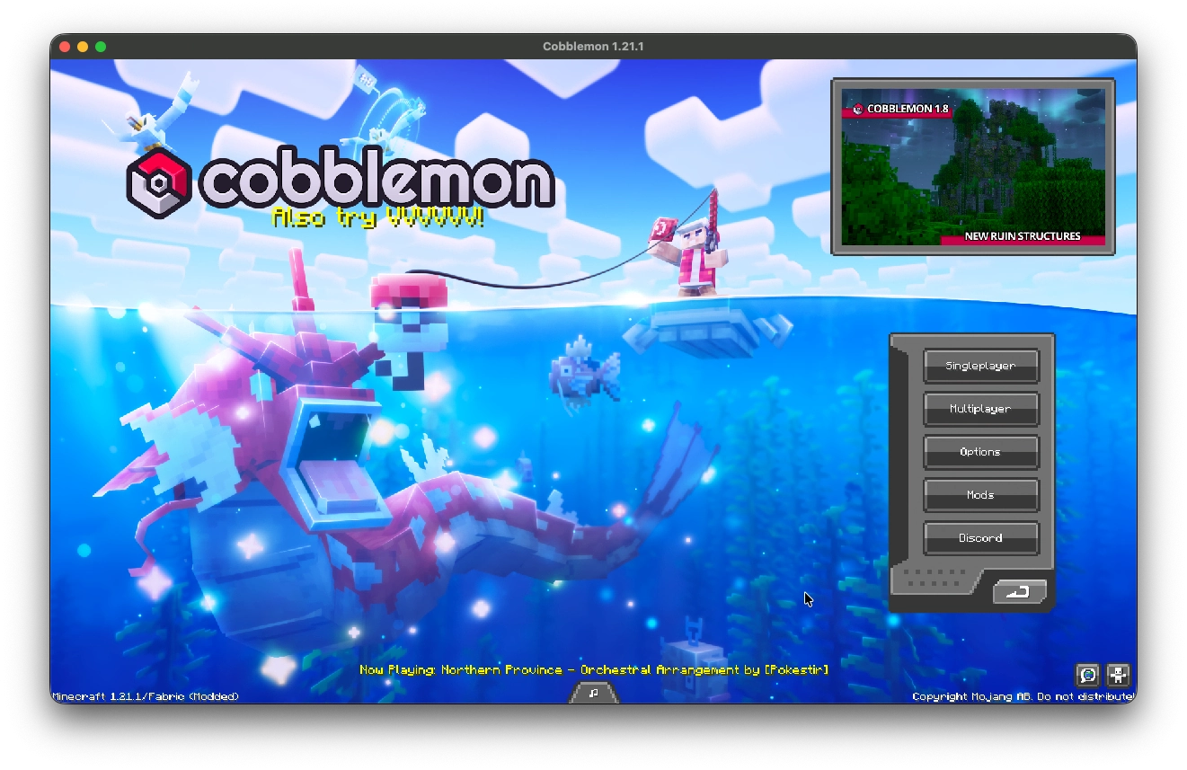 Schermafbeelding van de Cobblemon instantie's hoofd menu scherm.