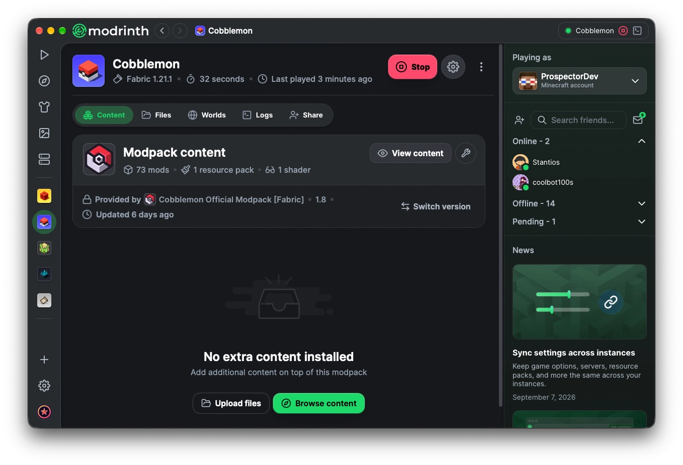 Screenshot van de Blockrinth App met een Cobblemon-instantie geopend op de pagina 'Inhoud'.