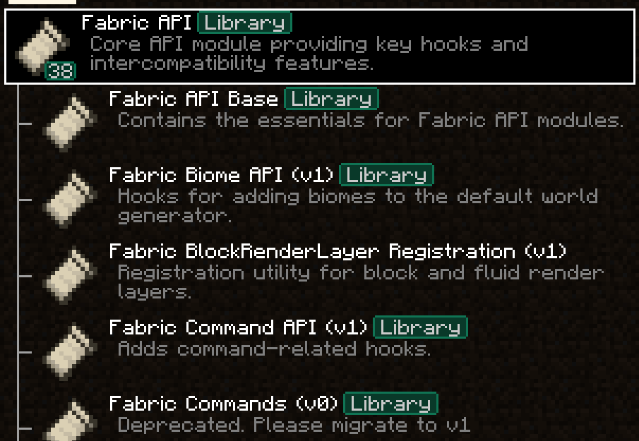 Image showing the Fabric API parent mod and some Fabric API child mods displayed hierarchically in ModMenu